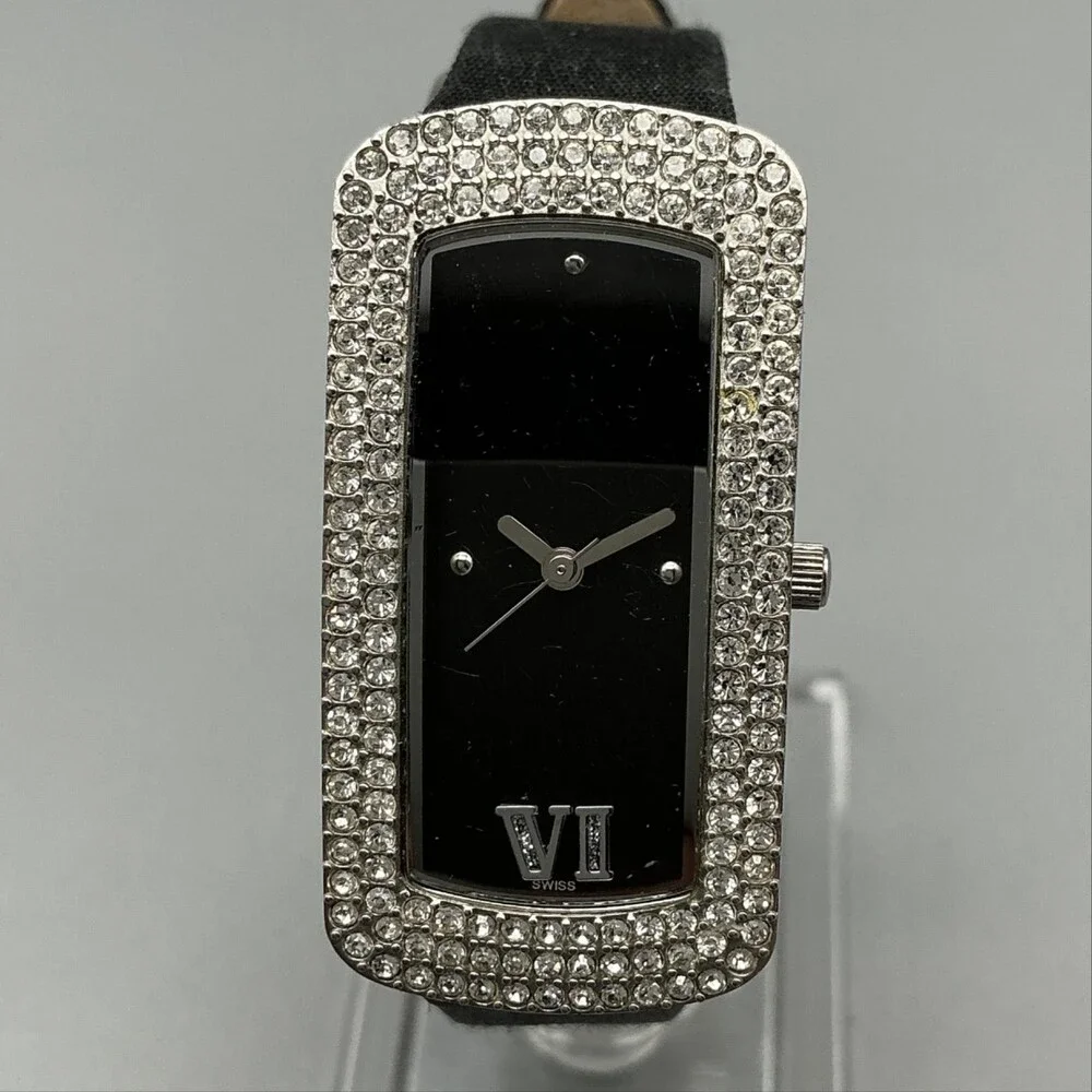 Montrex Womens Watch 20mm Black Dial Crystal Bezel Black Leather New Battery